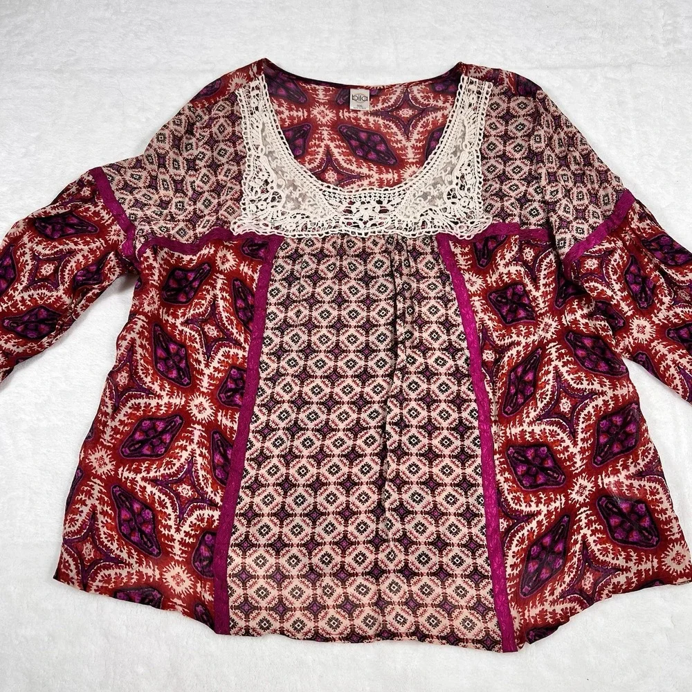 Bila Women XXL Billabong‎ Semi Sheer Crochet Trim Patchwork Tunic Boho Peasant